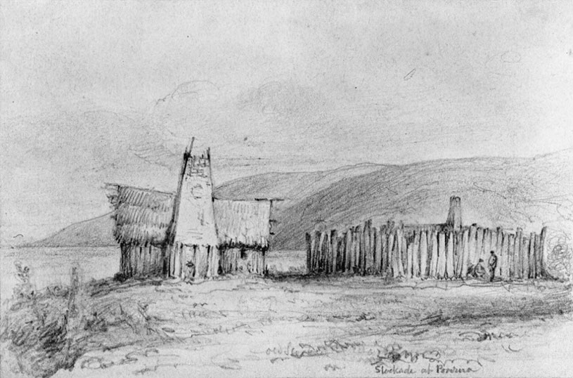 Police stockade at Porirua Harbour, 1845. William Swainson: Alexander Turnbull Library (A-190-016)