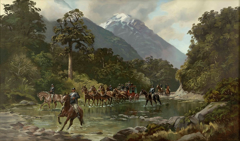 Canterbury Provincial Police Gold Escort through the Southern Alps, 1865. Ernest Papps: New Zealand Police Museum Collection (2017/1060/1)