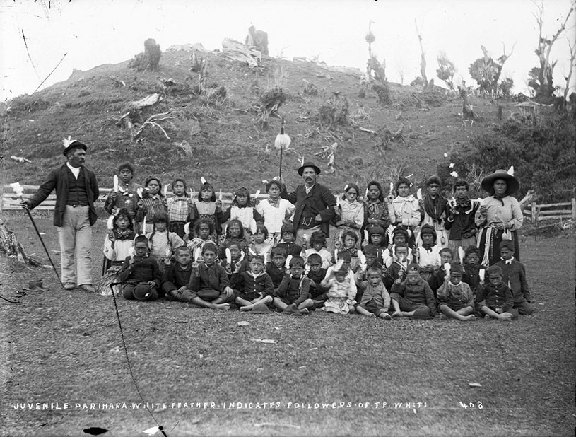 Taare Waitara with children from Parihaka Pā, 1881. Alexander Turnbull Library (1/1-006430-G)