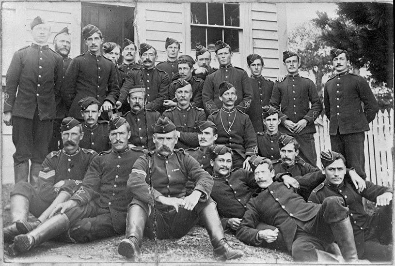Group of militia during the Dog Tax Rebellion at Rawene, Hokianga, 1898