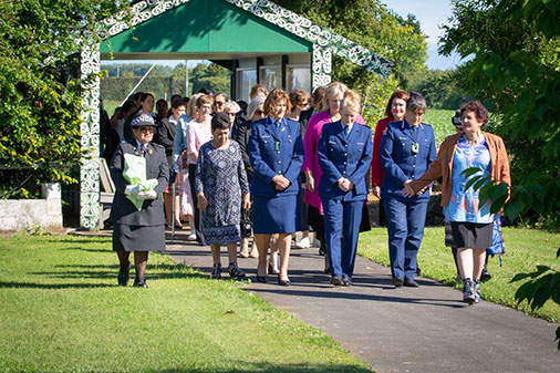 Assistant Commissioner Sue Schwalger, Superintendent Jeanette Park and Deputy Commissioner Tania Kura being welcomed on to Matahiwi Marae.