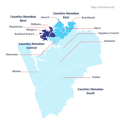 View larger map of Counties Manukau police district in pop up box.
