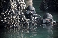 Two members of the dive squad in the water by rocks.