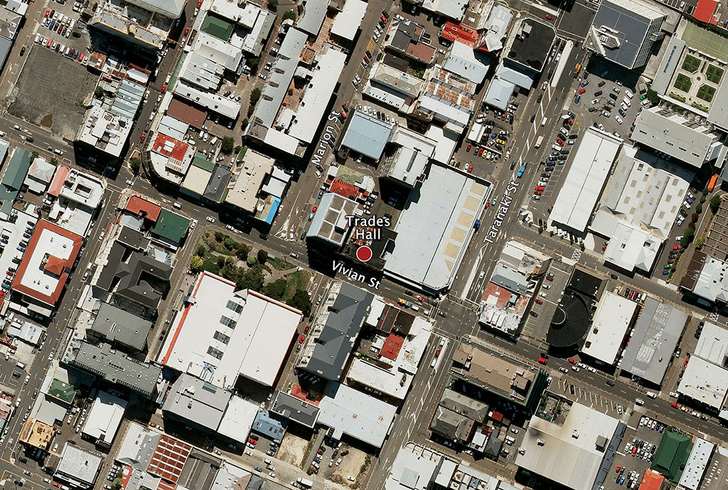 Aerial view of the Wellington Trades Hall building.
