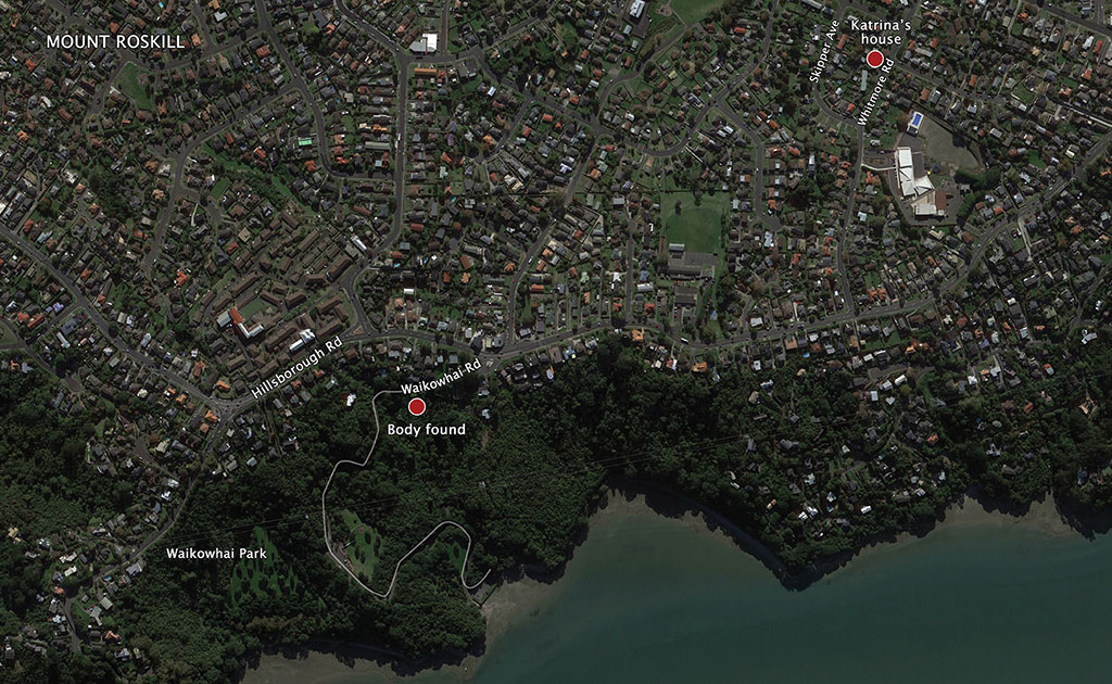 Aerial map showing the distance from Katrina’s home to where her body was found.