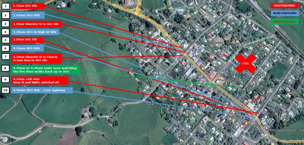 Map showing the driving directions of the person of interest before and after the fire at specific times.