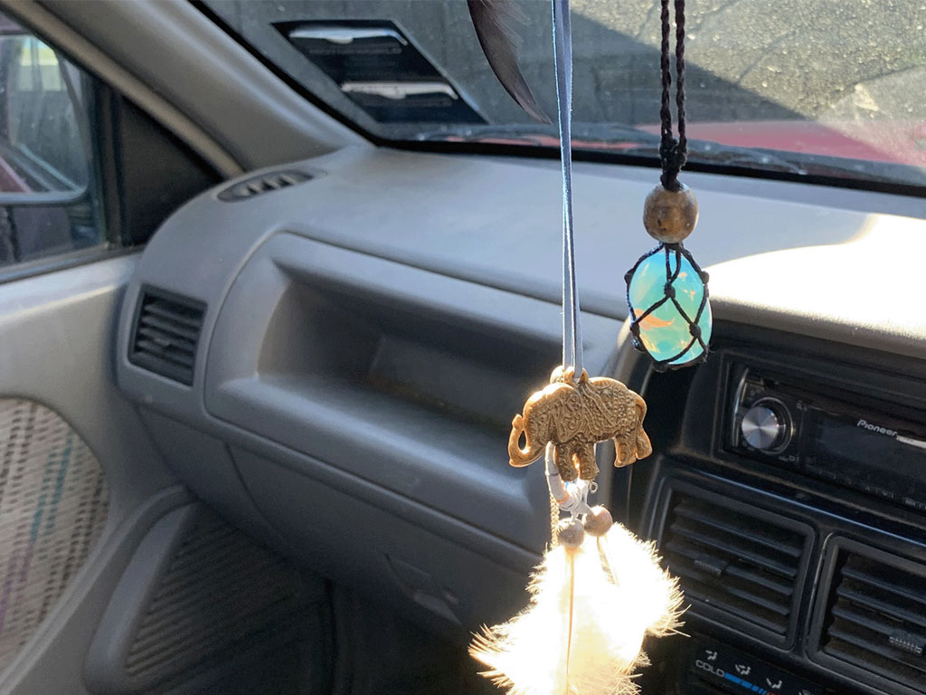 Jess’s blue crystal necklace was left in the red Holden ute.