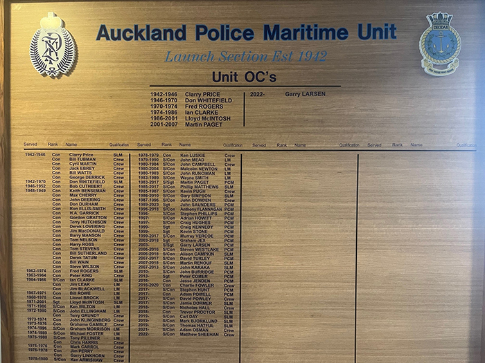 The honour board bearing the names of present Tāmaki Makaurau Maritime Unit staff and those who have gone before them.