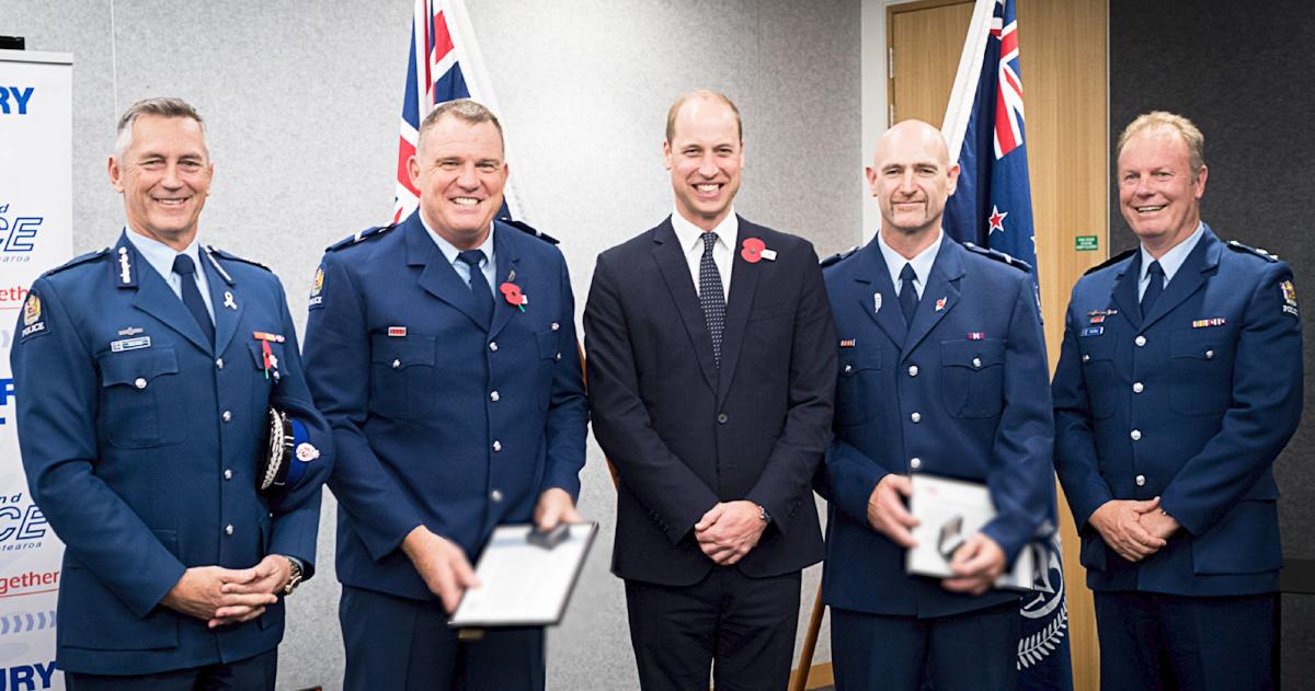Former Commissioner Mike Bush, Senior Constable Jim Manning, HRH Prince William, Senior Constable Scott Carmody.and Canterbury District Commander Superintendent John Price.