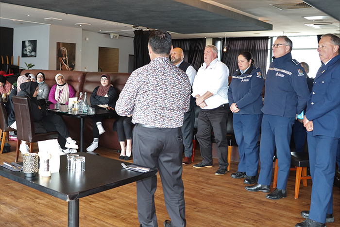 A waiata is shared at the welcome, led by Kai Tahu Kaumatua Darren Rewi. To his right are Blue Light CEO Rod Bell, Otago Lakes-Central Area Commander Paula Enoka, Southern District Commander Paul Basham, and Senior Constable Bruce Ward.