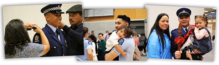 Precious whānau time for, from left: Constables Nicodemus Basabas, as parents Mary and Orlando help him with his new epaulettes; Jarreau Wihongi and son Koa; and Ryan Tua and his support crew..