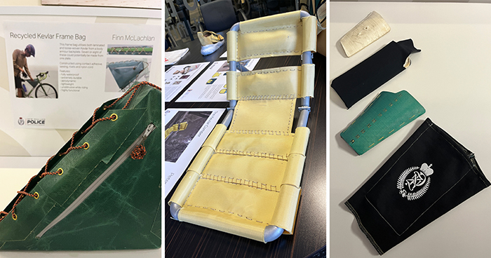 Prototype examples of the afterlife we didn't know Kevlar had, including a cycle frame bag, folding seat and shin pads.
