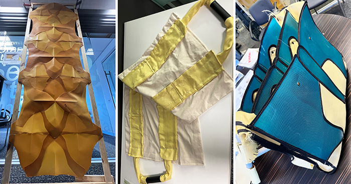Composite image of some more of the students' designs, including a space divider, a section of stretcher designer to support heavier patients, and a shoulder bag.