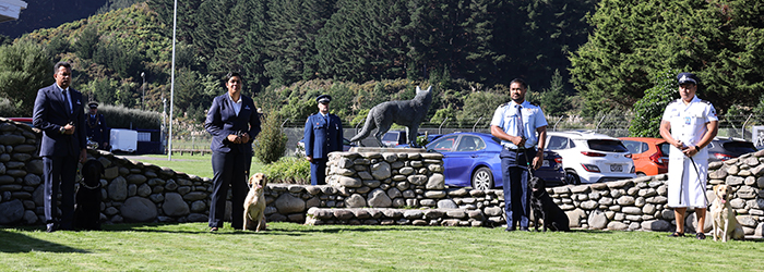 The graduating officers, from left: Senior Fiji Customs Officer Faraaz Khan and Force, Senior Fiji Customs Officer Joana Duabaubau and Frosty, Tonga Customs Officer Amini Fonua and Fred and Constable Bosco Sefilino Sala from Samoa Police and Estelle.