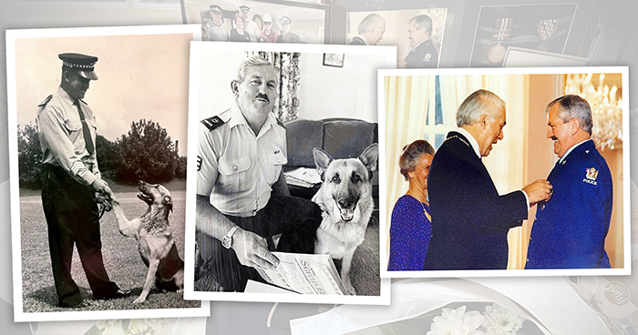 Snapshots of a career. From left: Graham with Duke; in the news; and receiving his QSM from Governor-General Sir Paul Reeves.