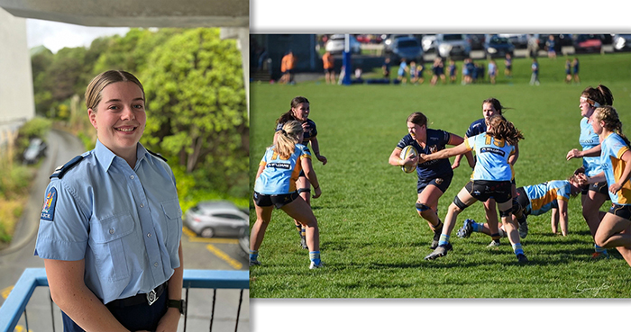 Constable Kate Naylor, having a ball at the RNZPC, and running with the ball on the rugby pitch.