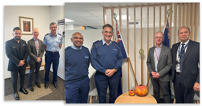 Adrian Edwards (UNHCR) at PNHQ. Left: with Commissioner Andrew Coster and Rabia Talal Almbaid, Senior Partnerships Advisor – Ethnic. Right with Superintendent Rakesh Naidoo, National Partnerships Manager – Ethnic; Carl McLennan, acting Assistant Commissioner Iwi and Communities; and Pieri Munro, DCE Iwi and Communities.