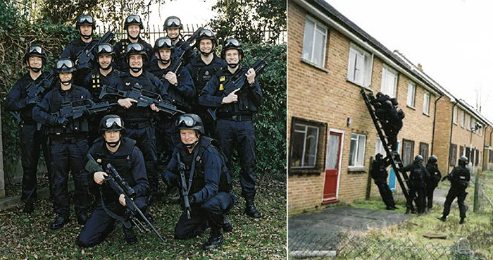 Mick, centre, with his Kent Police Armed Tactical Unit, and (right) in action with the team.