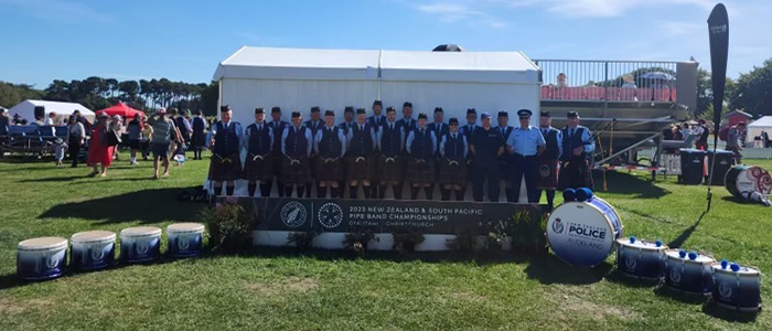 Group shot of the Auckland Police Pipe Band at the 2023 New Zealand & South Pacific Pipe Band Championships.