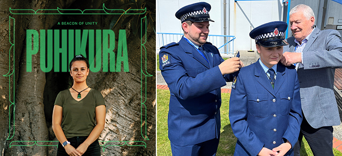 From recruit to constable: Constable Sam Nash in the Puhikura campaign and with family members attaching her constable epaulettes at the graduation