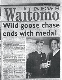 Waitomo News clipping from 1997, with a photo of Criag and the headline 'Wild goose chase ends with medal" 