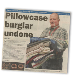A newspaper clipping with the headline 'Pillowcase burglar undone'