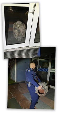 The Buddha at the door, top, and being brought inside.