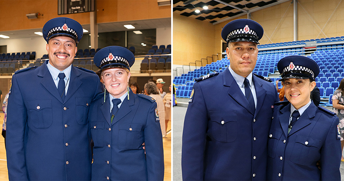 Reunions in blue: Constables Armond Onekawa and Hannah Spijkerman, left; and Constable Kelsey Barbarich with husband Sergeant Tim.