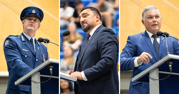 On the dais - Commissioner Andrew Coster, Patron Chappie Te Kani and Minister Mark Mitchell address the graduation.