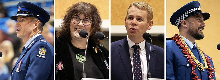 The speakers included, from left: Commissioner Andrew Coster, Wing Patron Keriana Brooking, Prime Minister Chris Hipkins and Leadership Award winner Constable Christopher Harrison.