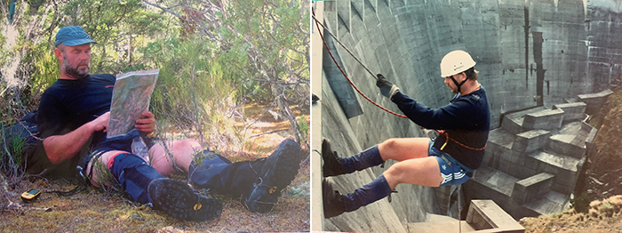 Left: Studying a map on a SAREX. Right: Learning to abseil on a national SAR course.