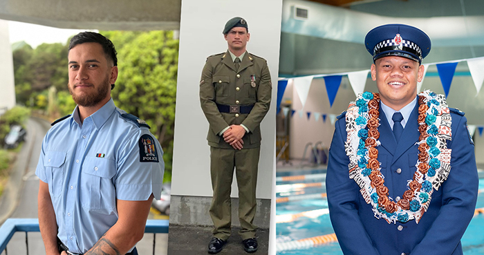 Constable Bailey Taylor, left, in Police and Army modes. On the right, in an appropriately aquatic setting, is Constable Blayde Fiu. Below, right: Constables McDonald and Wilson.