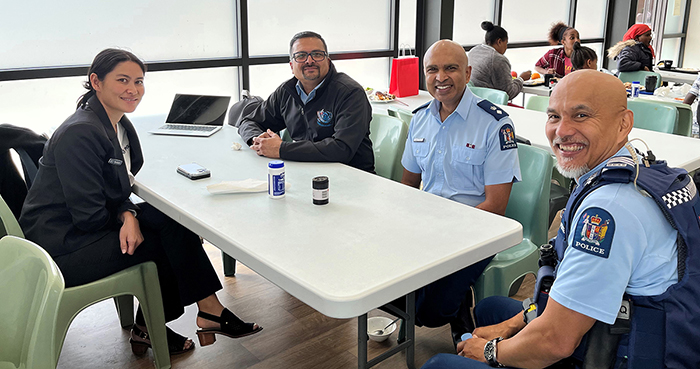 The Police ethnic team at Mangere Refugee Resettlement Centre, from left: Yumi Nguyen, Principal Ethnic Partnerships Adviser; Senior Sergeant Kannan Alagappan, National Ethnic Partnerships team; Superintendent Rakesh Naidoo; Sergeant Policarpo Capunitan (Ding), Ethnic Liaison Coordinator, Tāmaki Makaurau Ethnic Services Team.