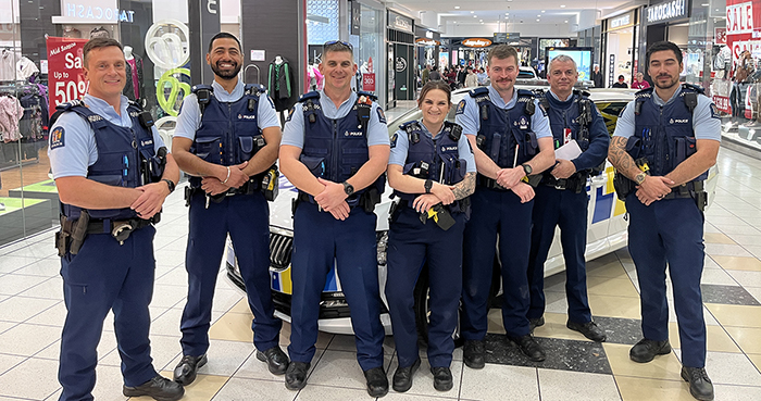 Some of the officers who helped out on the day, from left: Acting Senior Sergeant Sheehan; Constables Ravi Singh, Trev Thomas, Rochelle Moore, and Connor Sparkes; Senior Constable Phil Robinson; and Constable James Houston.