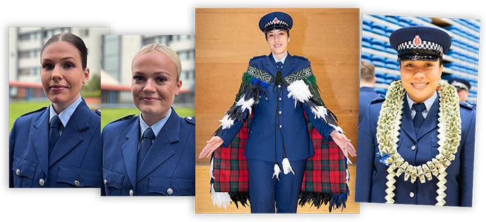 Constables Vanessa Preston, left, and Alexandra Hassall, second left, both achieved a long-held goal when they graduated. Constables Jessie Dunbar (Northland) and Chloe Crichton (Counties Manukau) wore their family heritage with pride - Jessie with a tartan-lined korowai reflecting her Māori and Scottish whakapapa, and Chloe with a lei made from US dollar notes by her American auntie.