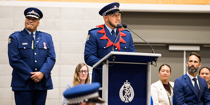 'A positive lifetime of change' - Leadership Award winner Constable Anthony Tuitavake addresses the wing.