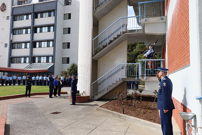 At far right, Alan salutes as he oversees the Police Remembrance Day 2023 national service held at the RNZPC on 29 September.