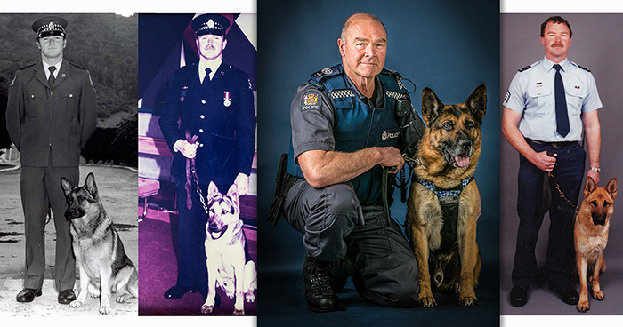 Mark and some of his dogs. From left: with Bede, his second operational dog; with Grizz after receipt of the Charles Upham Award; with the incomparable Ike, who Mark adopted after Ike's retirement; and with breeding bitch Vinnie, from Mark's time based at Palmerston North.