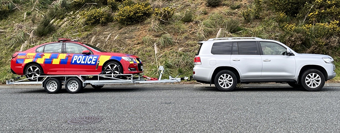 On the trailer and ready to go - the Taranaki-bound Holden.