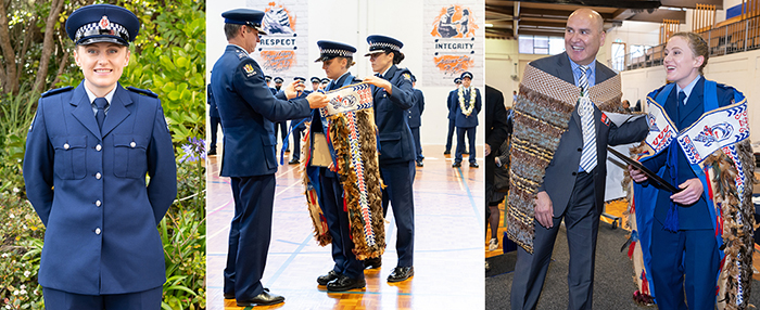 Top award winner Constable Amie Bentall. She is also pictured with Commissioner Andrew Coster who places Te Matauranga, the Korowai of The Royal New Zealand Police College, on her shoulders for the ceremony. And sharing a joke with patron Helmut Modlik after the ceremony.