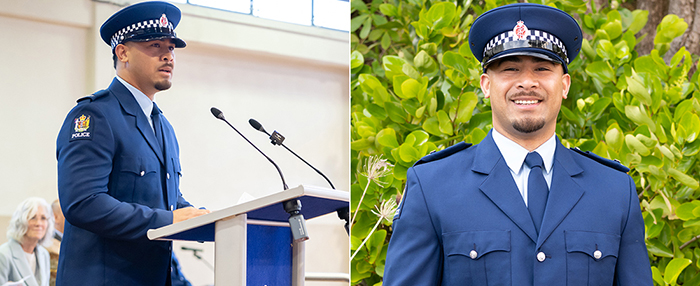 Two photos of leadership award winner Constable Lifu Petelo Mua’au. Left: Addressing the wing during the graduation. Right: Smiling to the camera in uniform.