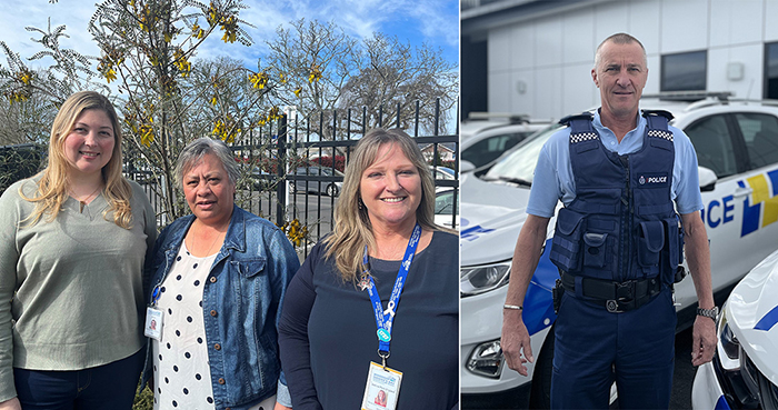 LEFT: The Hastings-based team, from left: Te Whatu Ora Clinical Manager for the Mental Health Crisis team, home-based treatment and the Police Liaison Service, Alexandra Palacio, Police Liaison Peer Support worker Ruth Anderson, and Mental Health Police Liaison Nurse Justine Pack-England. RIGHT: Hawke's Bay Custody Senior Sergeant Ross Smith who works with the Hastings District team.