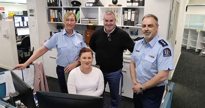 Standing, from left: Senior Sergeant Julie Fifield, Canterbury District Victim/Mental Health Manager; Tony Lockington, Service Manager Adult Mental Health Services/Police Liaison for Mental Health; Inspector Craig McKay, Operations and Support Manager. Seated, front: Mel Counsell, Registered Nurse / Custody DAO.