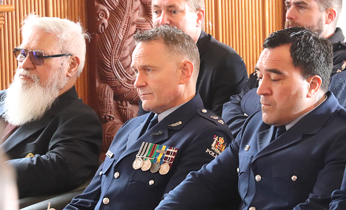 Police Kaumatua Hata Temo, Southern District Commander Jason Guthrie and Māori Responsiveness Manager Dan Williams.