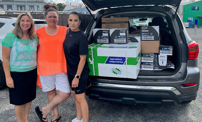 Constable Shawn Palaone pictured (right) with wahine from Ngaruawahia’s Tu Tangata Charitable Trust who kindly donated sanitary items to the flood stricken Tairāwhiti region.