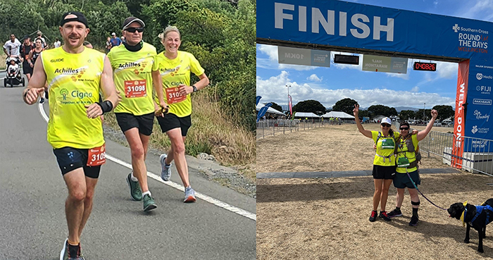 Hannah in 2021, in her first time as an Achilles guide; and Sharon and Antz (and Ravon the dog) crossing the finish line.