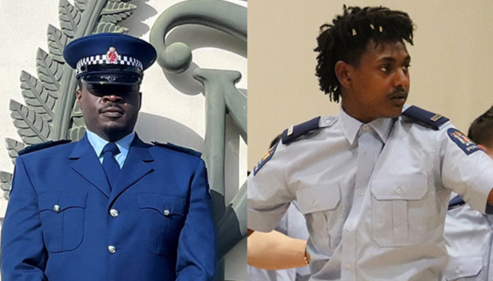 Graduation day photos of Constables Wilson Manganda, by the RNZPC crest, and Amanuel Molla, during the Wing 355 haka.