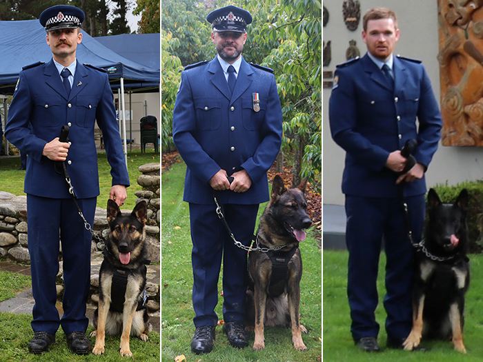 Constables Michael Hargreaves with Midnight, Andre Kocis with Jock and Gavin Morrison with Fender.