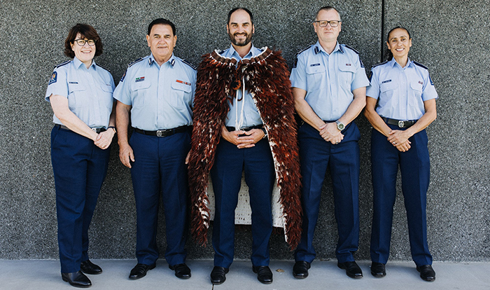 Superintendent Scott Gemmell with, from left, Acting Assistant Commissioner Jill Rogers, Deputy Commissioner Wally Haumaha, Acting Deputy Commissioner Sam Hoyle and Waitematā District Commander Naila Hassan.