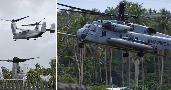 The USS America brought some serious hardware to the operation - the Bell Boeing V-22 Osprey, left, and Sikorsky CH-53 Stallion.